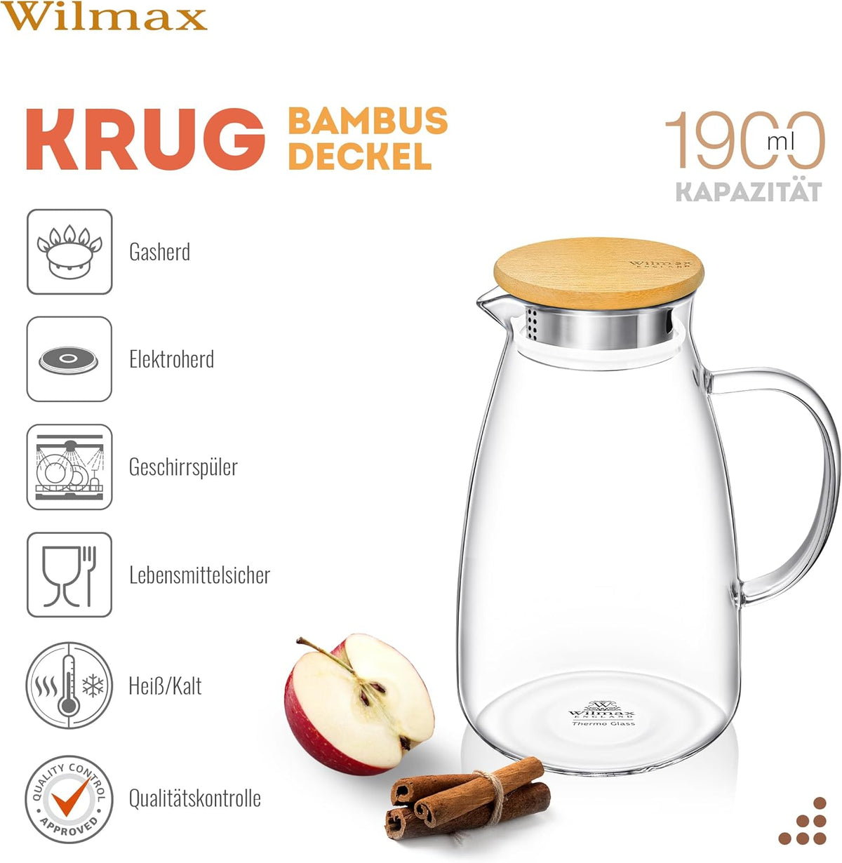 Wilmax England Karaf 1900 ml Thermoglas met Bamboe deksel
