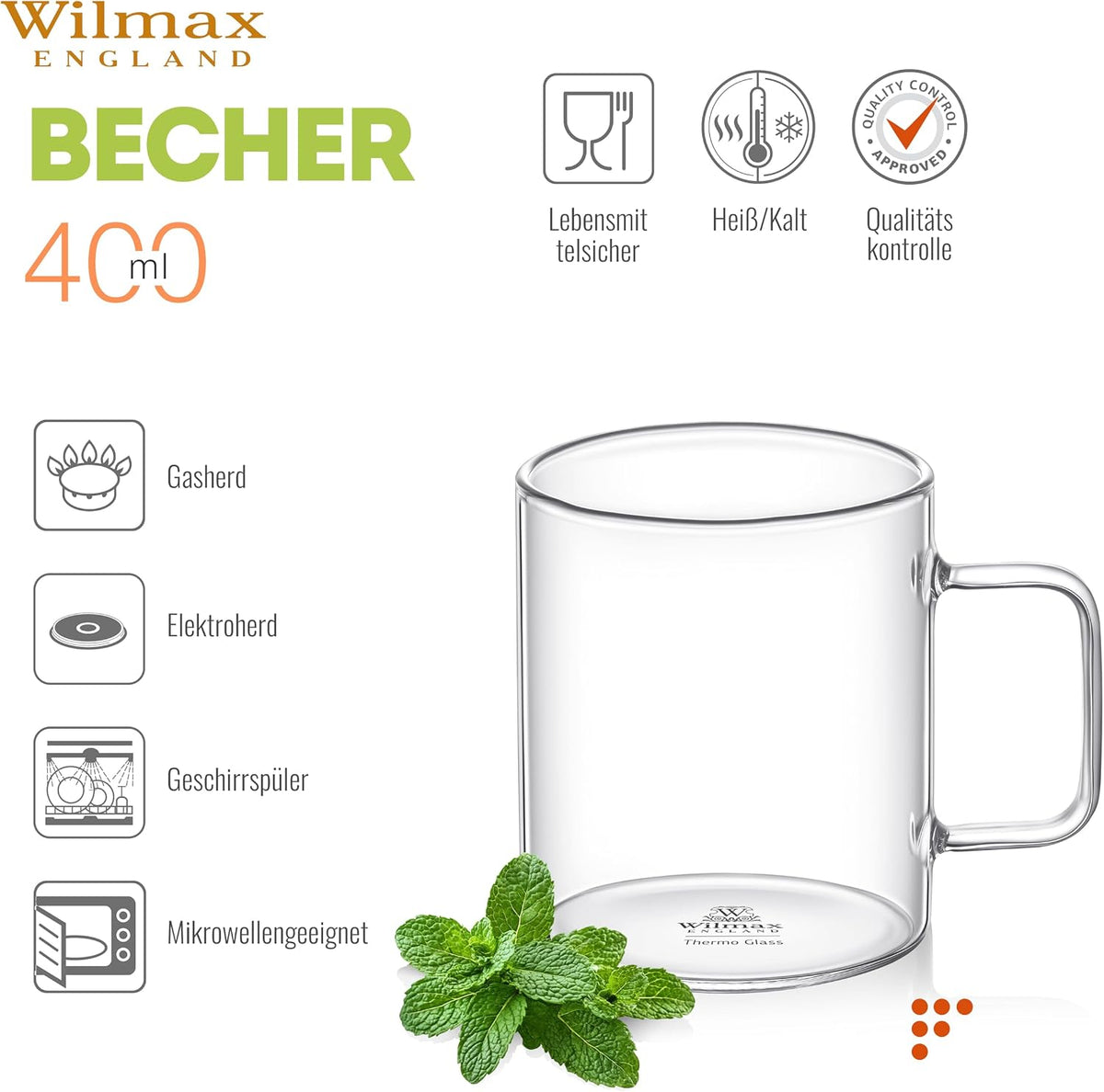 Wilmax England Koffiekop 400ml Borosilicaatglas 6 stuks