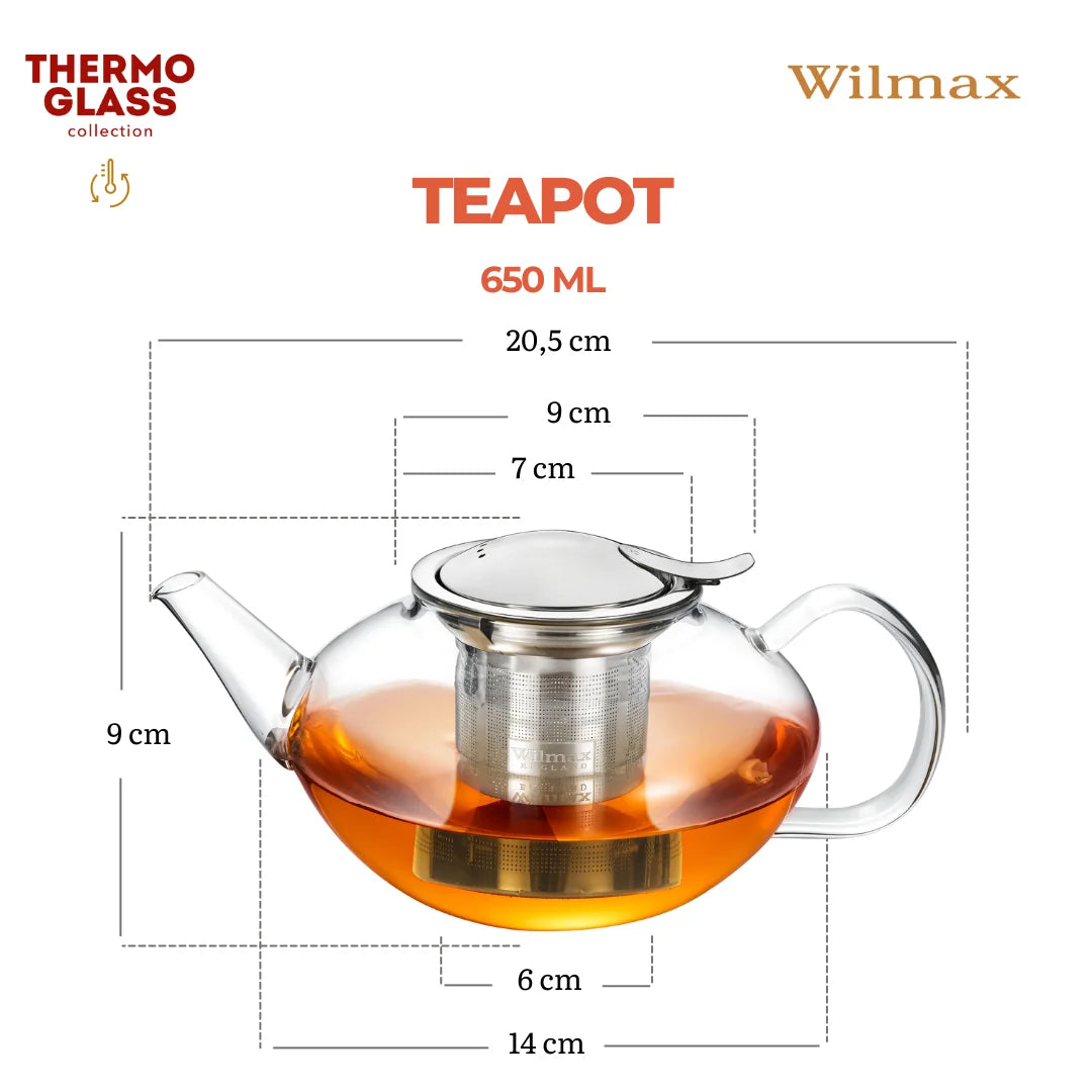 Wilmax Theepot Borosilicaatglas 650ml RVS filter