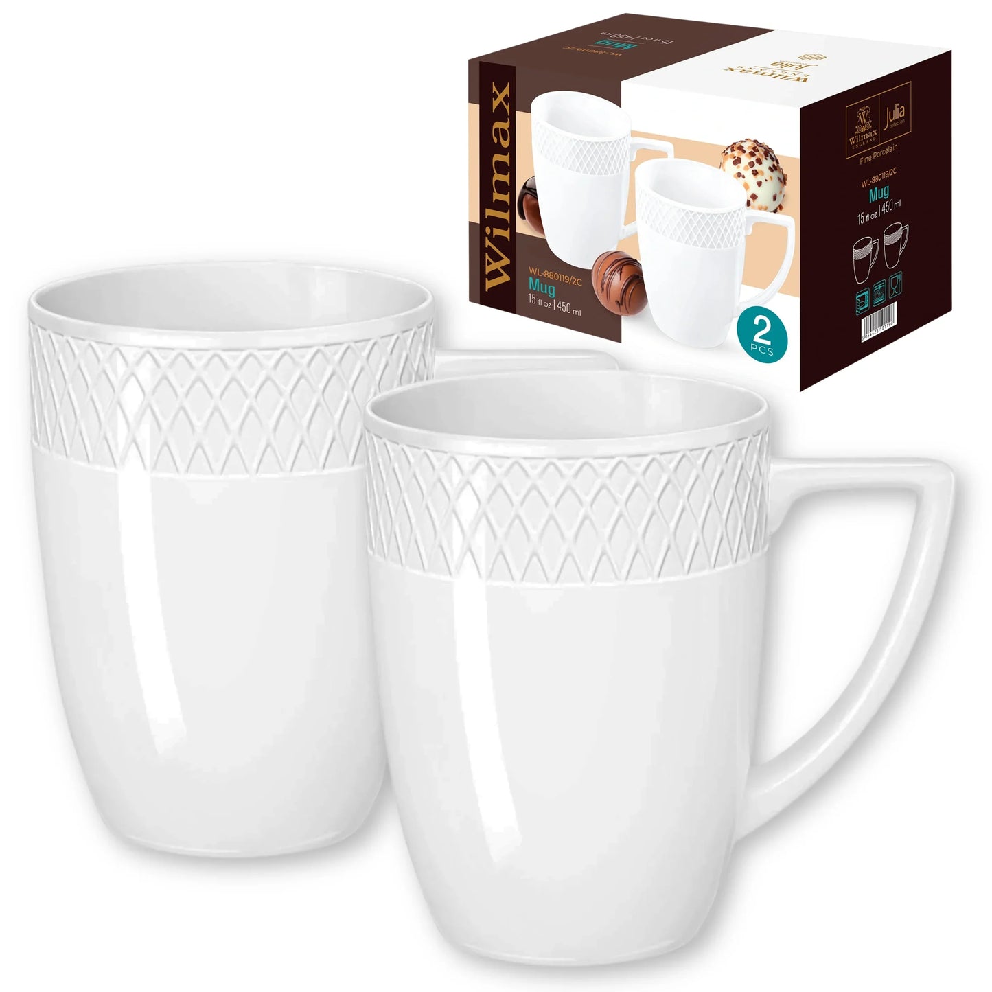 Wilmax England Mok 450 ml Wit Porselein 2-delige set