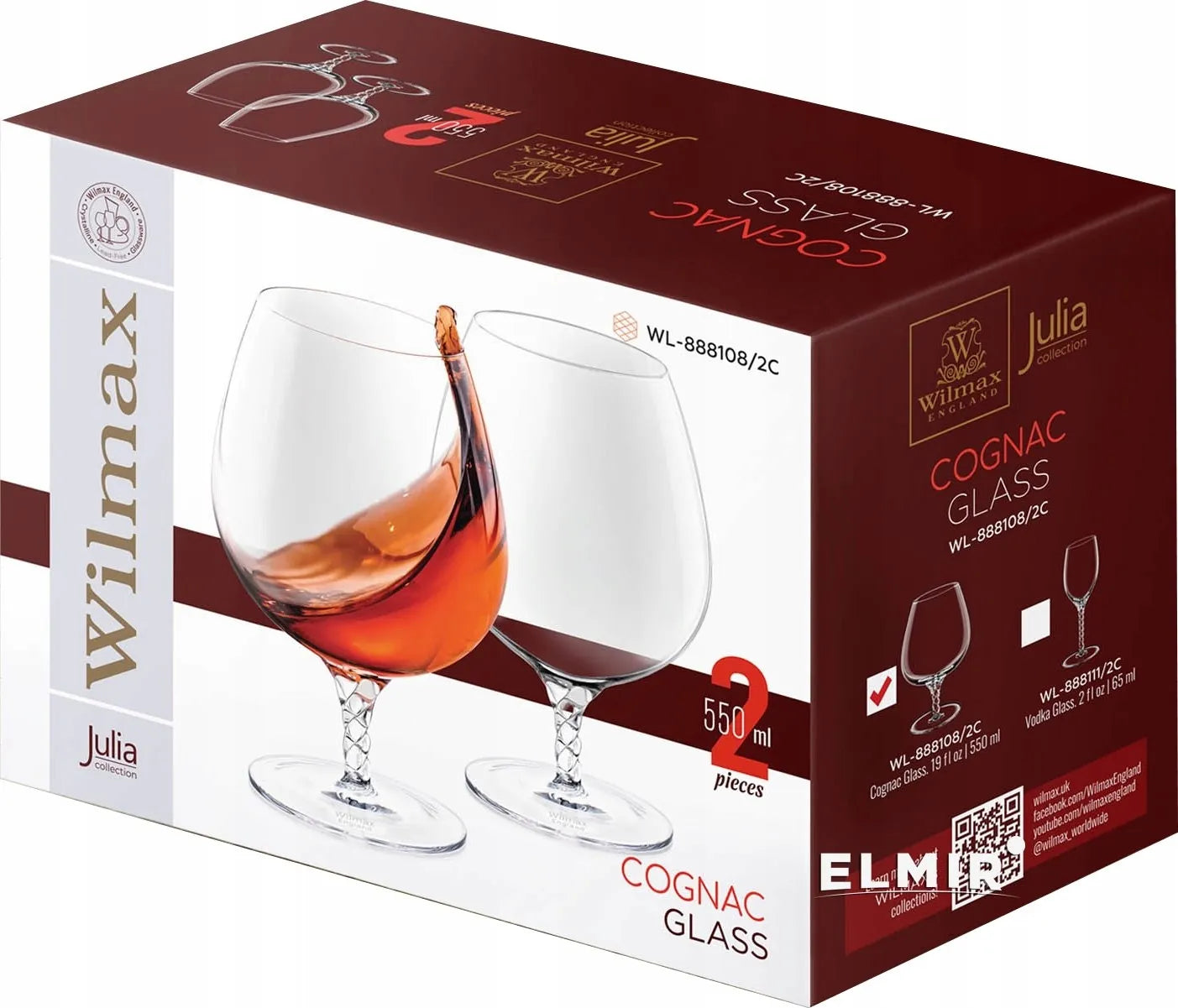 Wilmax England Cognacglas 550ml Kristal Transparant Set van 2