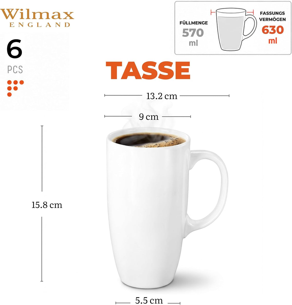Wilmax Beker 630 ml Porselein Wit set van 6 A6