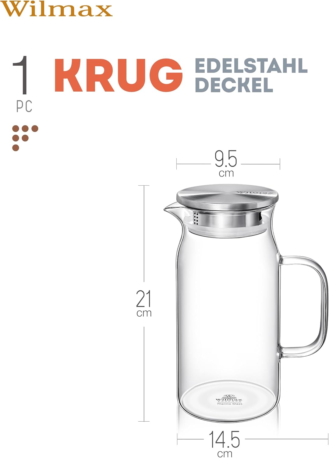 Wilmax Thermoglas Kruik 1000 ml RVS Deksel