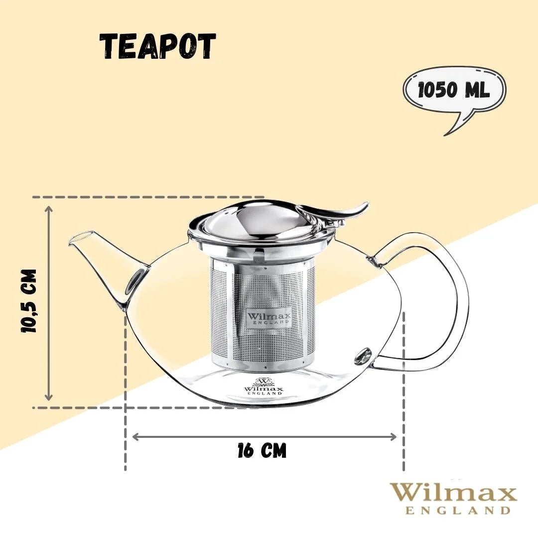 Wilmax England Theepot Borosilicaatglas 1050ml RVS filter