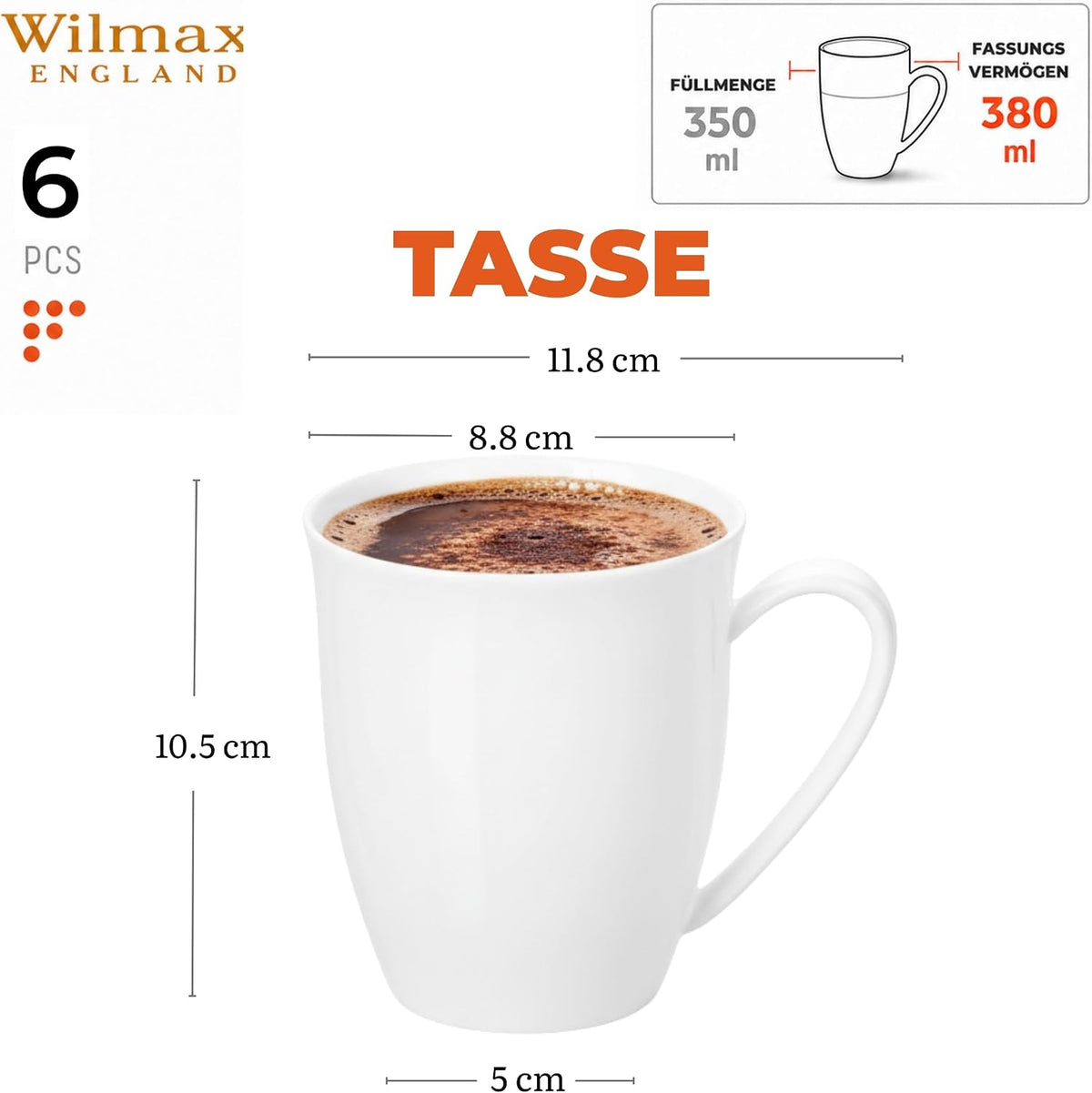 Wilmax England Mokken 380 ml Wit Porselein Set van 6