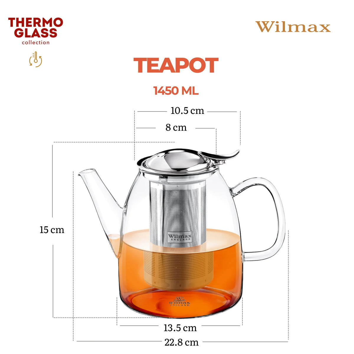 Wilmax Theepot 1450 ml Thermoglas RVS filter
