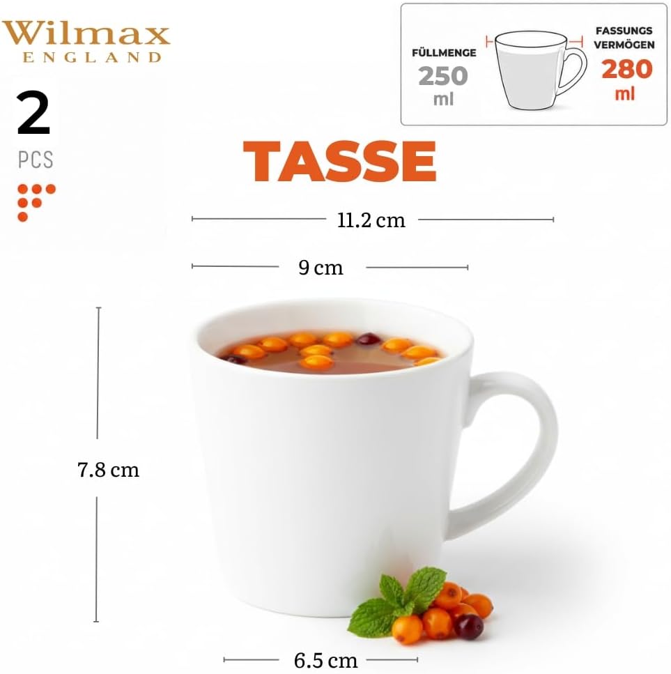 Wilmax England Porseleinen Kop 280 ml Wit (2-delige set)