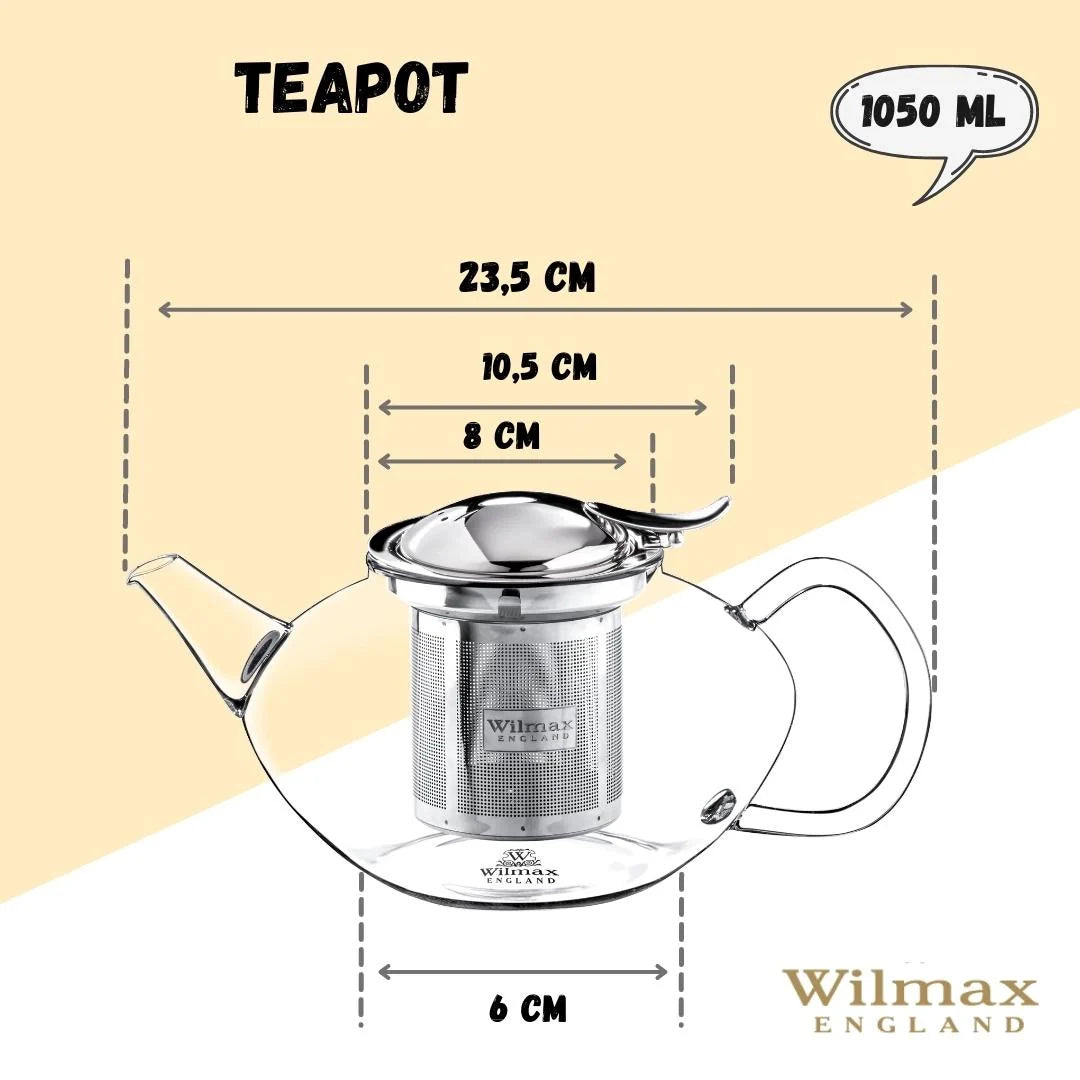 Wilmax England Theepot Borosilicaatglas 1050ml RVS filter