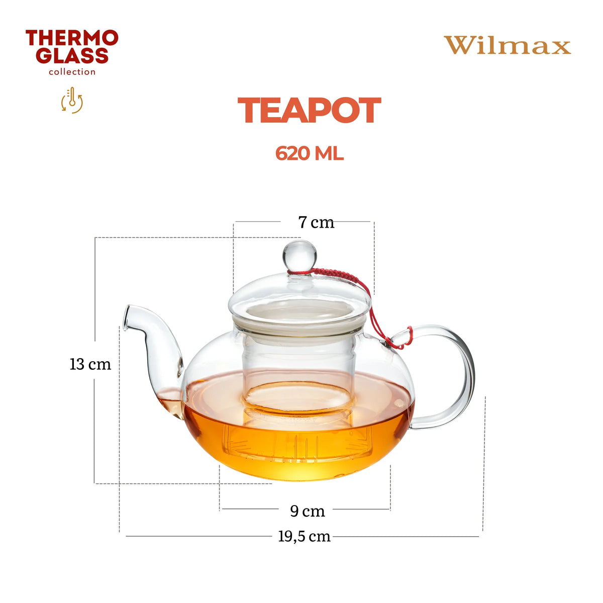 Wilmax Theepot van Glas 700 ml met Deksel Transparant