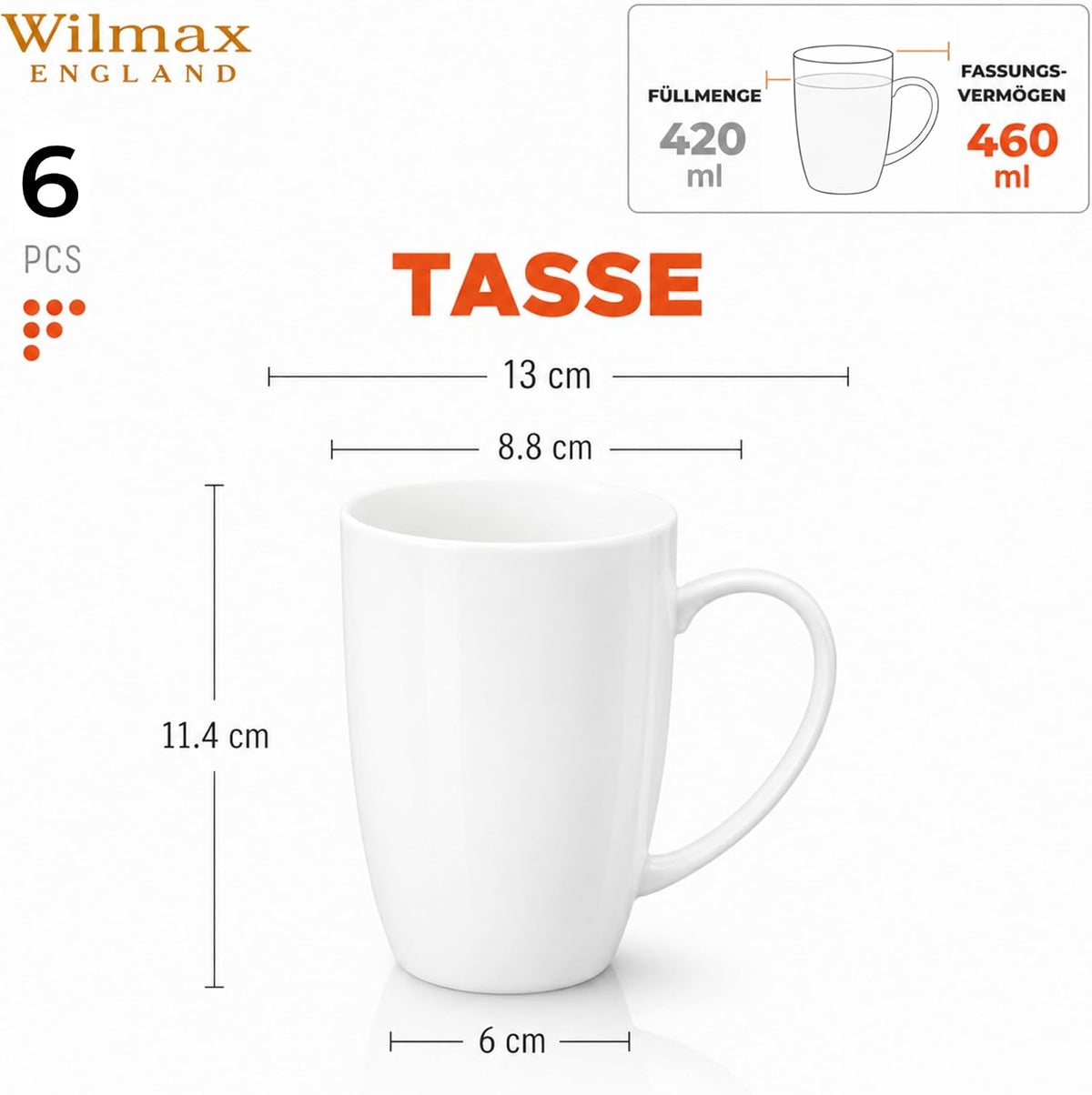 Wilmax England Mokken 460 ml Wit Porselein 6-delige set