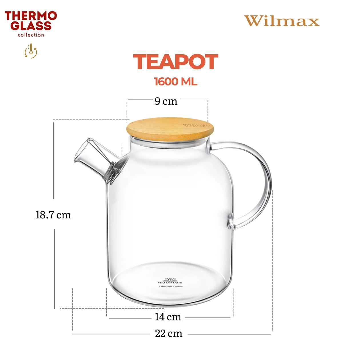 Wilmax Glazen theepot 1100 ml RVS filter