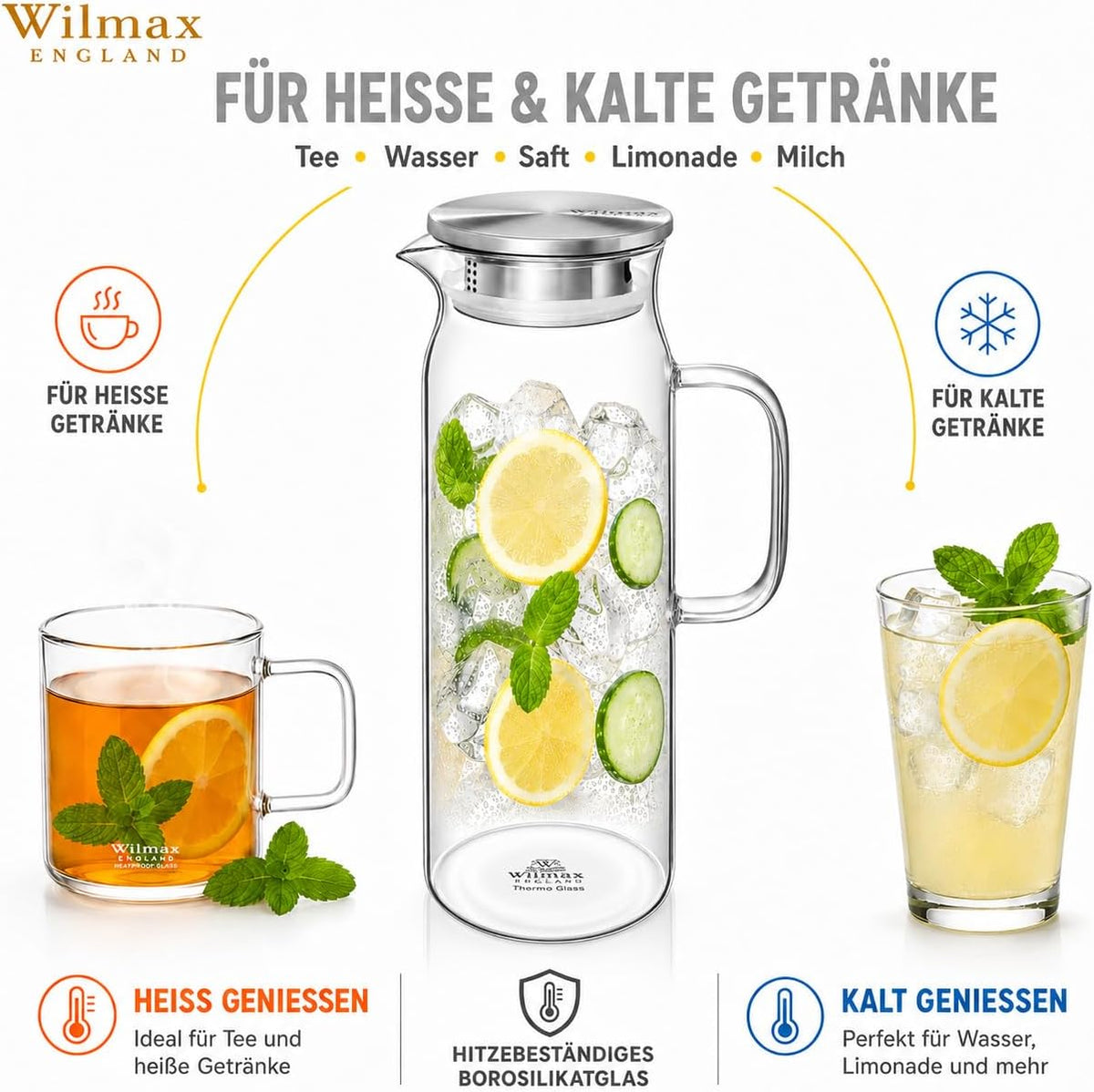Wilmax England Kan 1500ml Thermoglas RVS Deksel