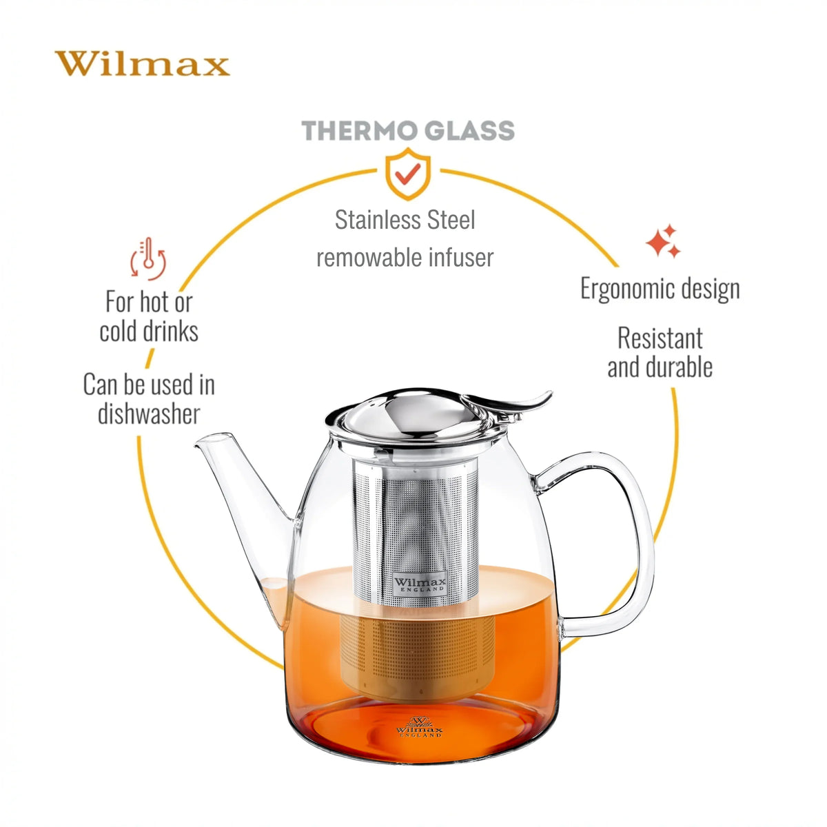 Wilmax England Theepot 600ml Borosilicaatglas RVS filter