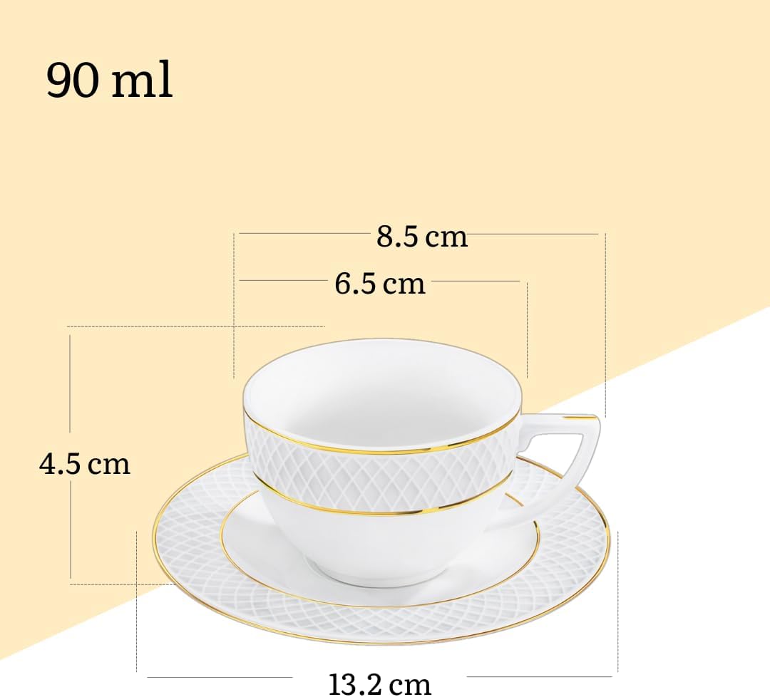 Wilmax Kaffee Tassen & Untertassen 4er Set, Goldlinien, 90 ml, WL-880102400/AB4