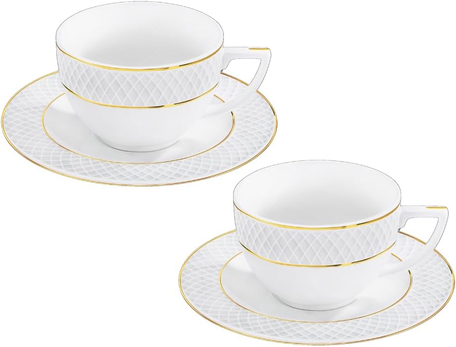 Wilmax Teetassen & Untertassen Set mit Goldlinien, 240 ml, 2er, WL-880102404/AB2