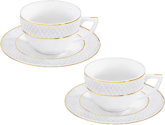 Wilmax Teetassen & Untertassen Set mit Goldlinien, 240 ml, 2er, WL-880102404/AB2