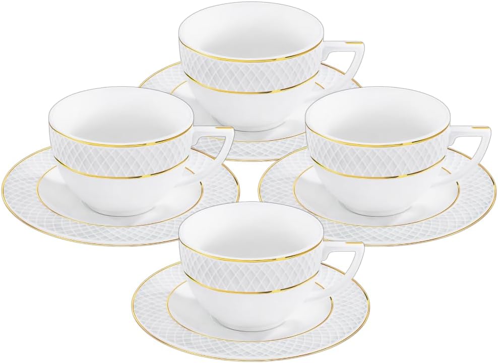 Wilmax Kaffee Tassen & Untertassen 4er Set, Goldlinien, 90 ml, WL-880102400/AB4