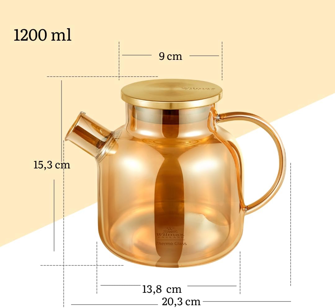 Wilmax England Theepot 1200 ml Glas met RVS deksel Goud