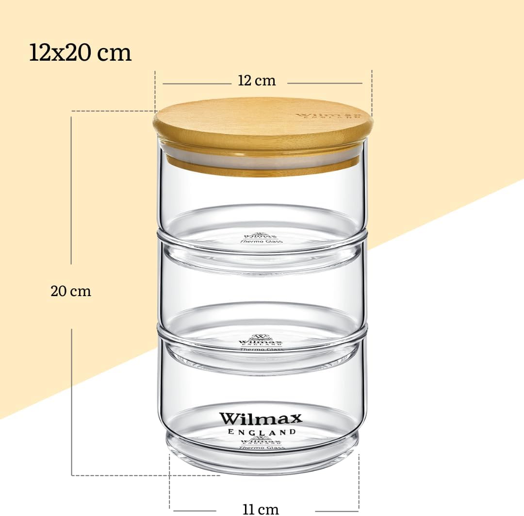 Wilmax 3-stufiges Vorratsglas, 12 x 20 cm, Thermo-Glas & Bambusdeckel, WL-888522/A