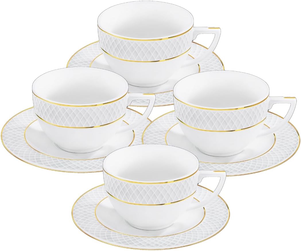 Wilmax Teetassen & Untertassen mit Goldlinien, 240 ml, 4er Set, WL-880102404/AB4