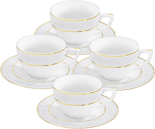 Wilmax Teetassen & Untertassen mit Goldlinien, 240 ml, 4er Set, WL-880102404/AB4