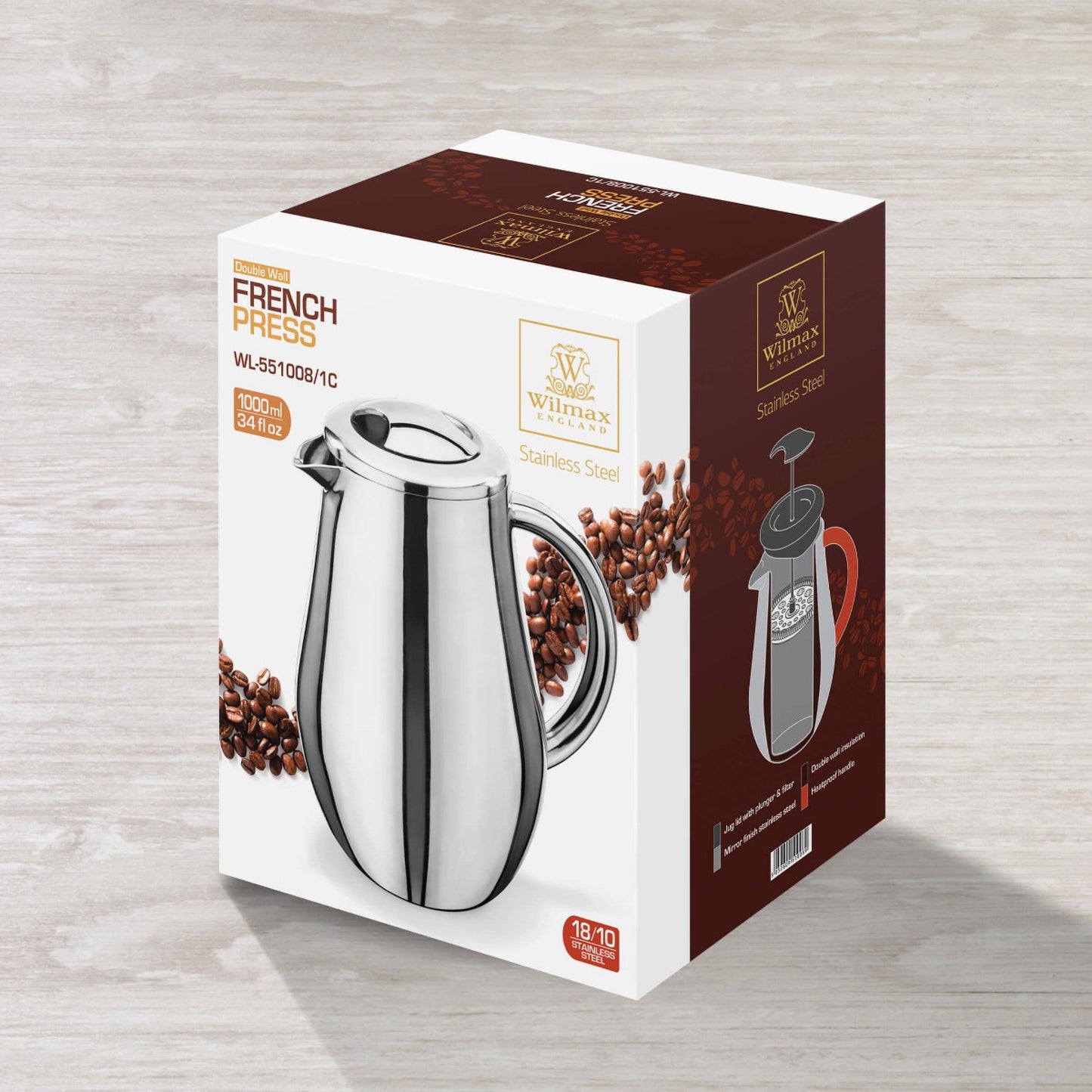 Wilmax England French Press 1000 ml RVS WL-551008/1C
