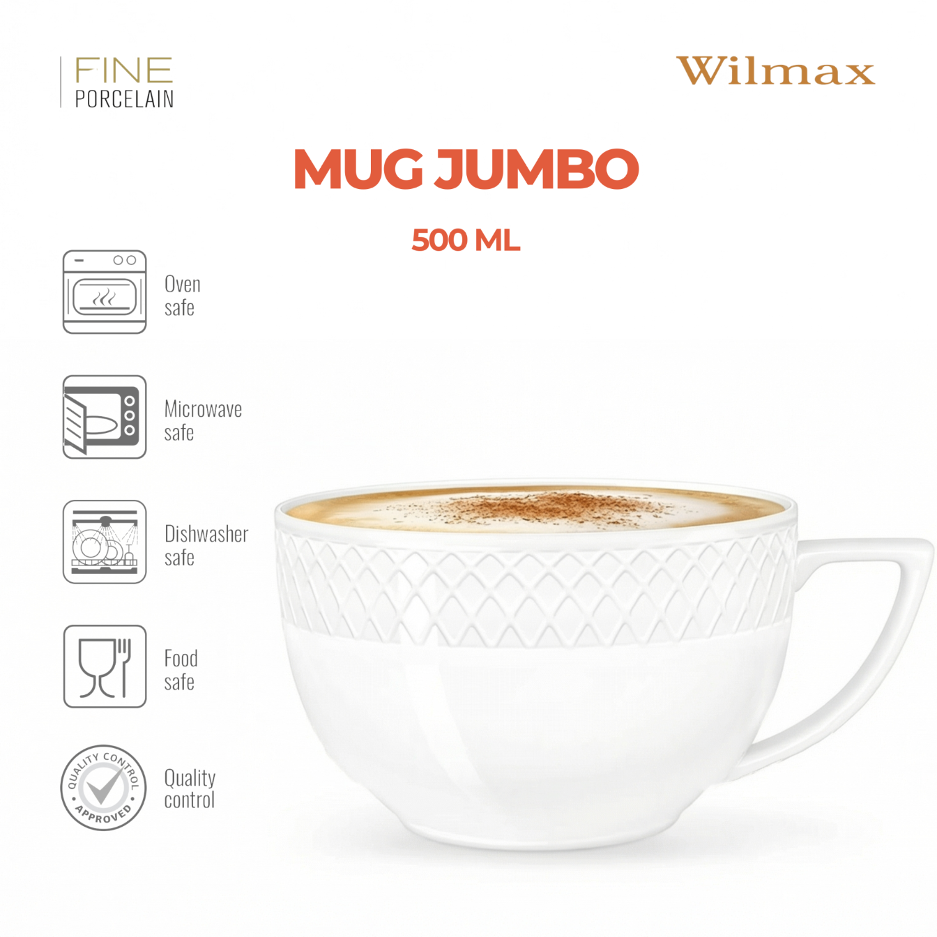 Wilmax England Jumbo Kop Wit Porselein 500 ml set van 2
