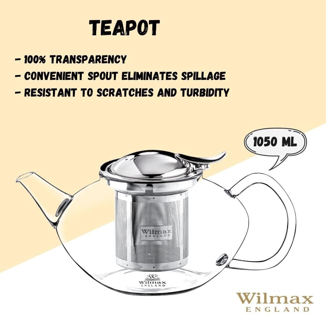Wilmax England Theepot Borosilicaatglas 1050ml RVS filter