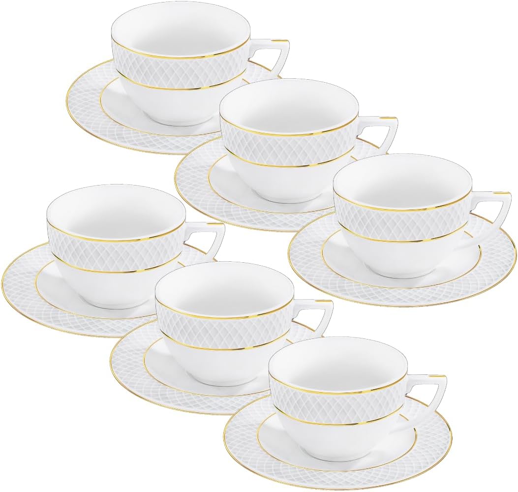 Wilmax Teetassen & Untertassen Set mit Goldrand, 240 ml, 6er – WL-880102404/AB6