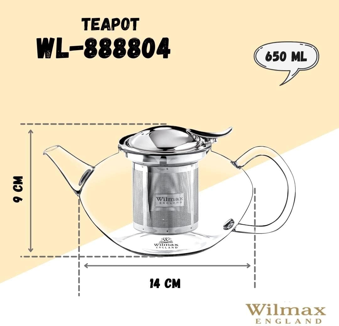 Wilmax Theepot Borosilicaatglas 650ml RVS filter
