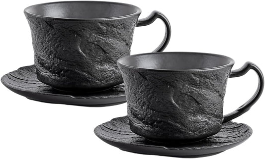 Wilmax Kaffeetassen Set 2er Schwarz 250 ml mit Untertasse Porzellan WL-661152/AB2