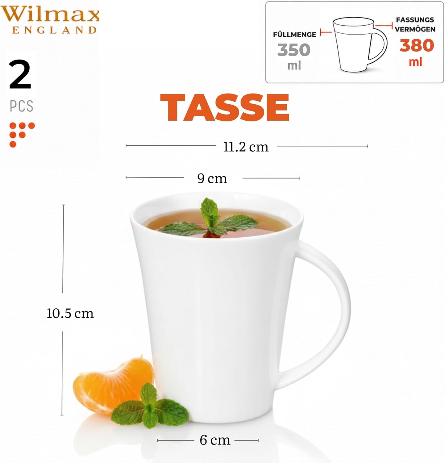 Wilmax Kopjes 380 ml Wit Porselein 2-delige set A2
