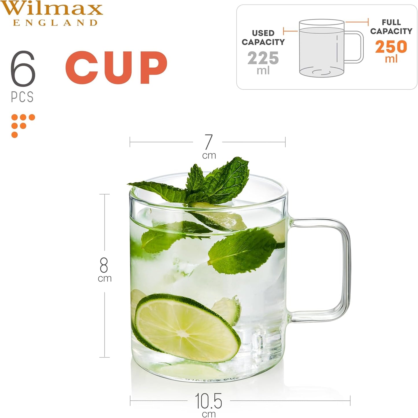 Wilmax Glazen Beker 250 ml Borosilicaatglas 6-delige Set