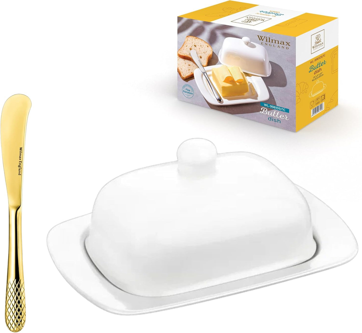 Wilmax England Butter Dish Porcelain White with Gold Knife Set