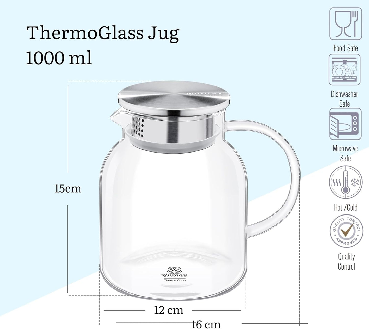 Wilmax Borosilikat Glas Karaffe mit Edelstahl-Deckel 1000 ml – WL-888213/A