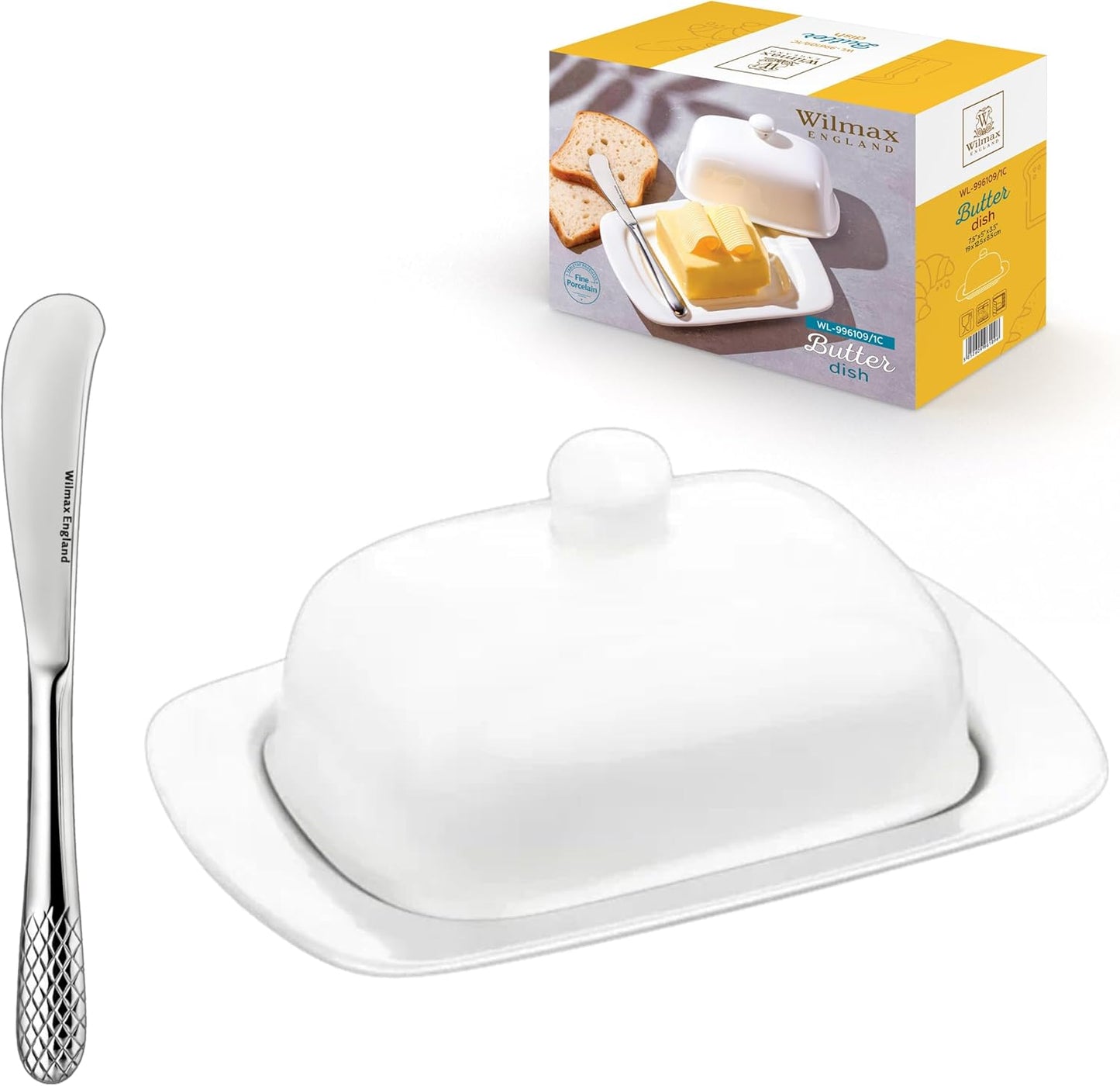 Wilmax England Butter Dish 19cm Porcelain White Stainless Steel Knife Set