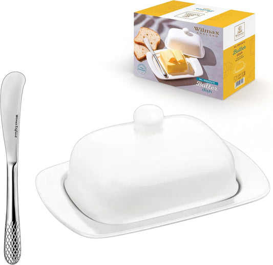 Wilmax England Botervloot 19cm Porselein Wit RVS mes Set