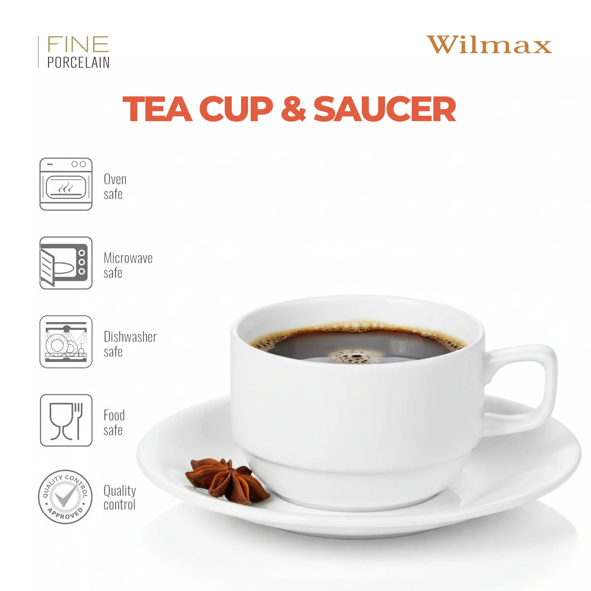 Wilmax Theekop met schotel 220 ml Wit Porselein AB