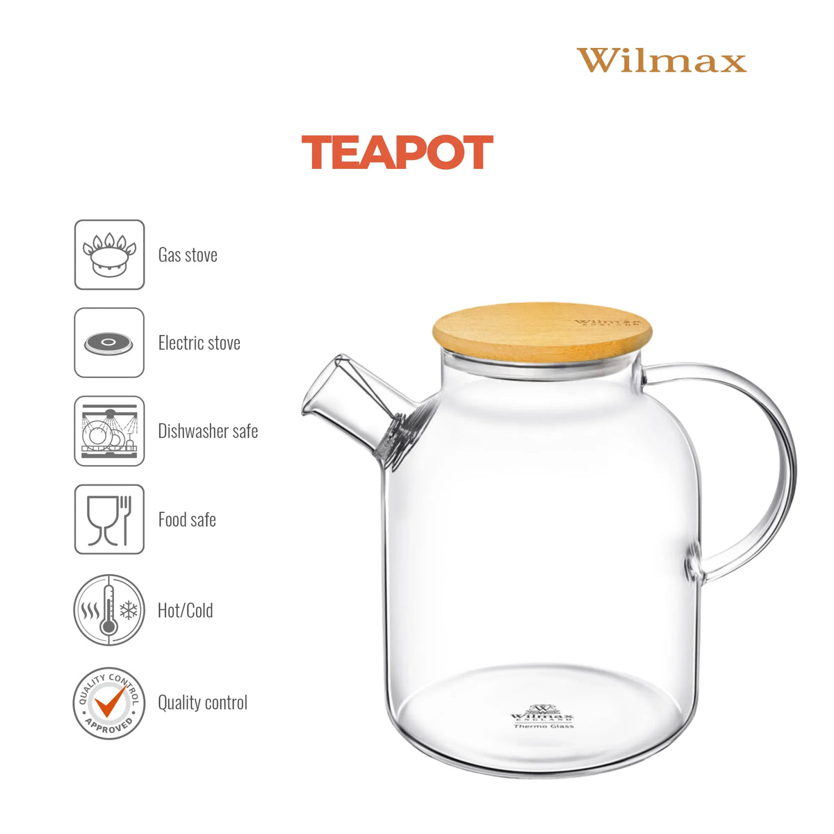 Wilmax Glazen theepot 1100 ml RVS filter