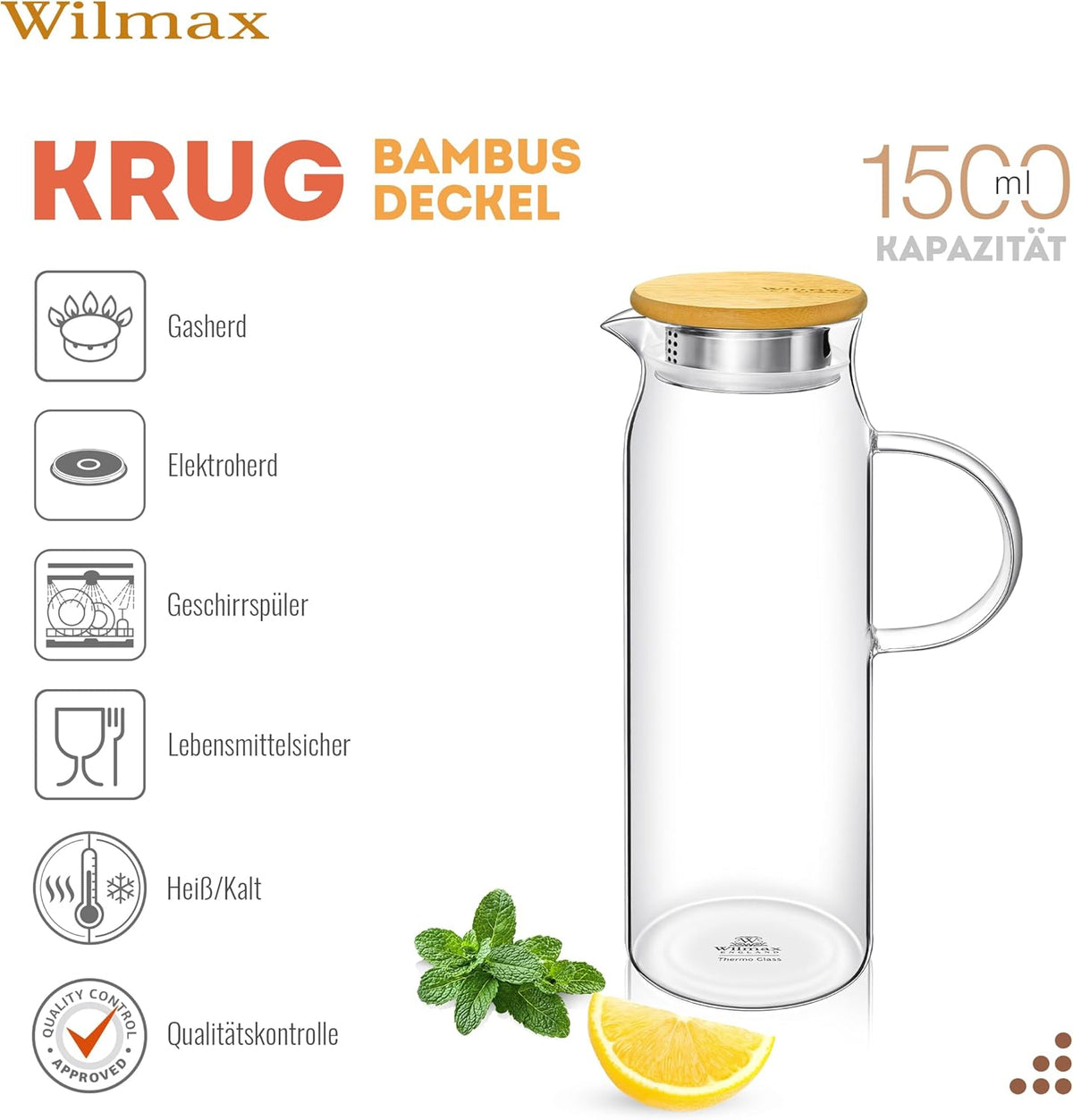 Wilmax England Thermoskan 1500ml met bamboedeksel Transparant