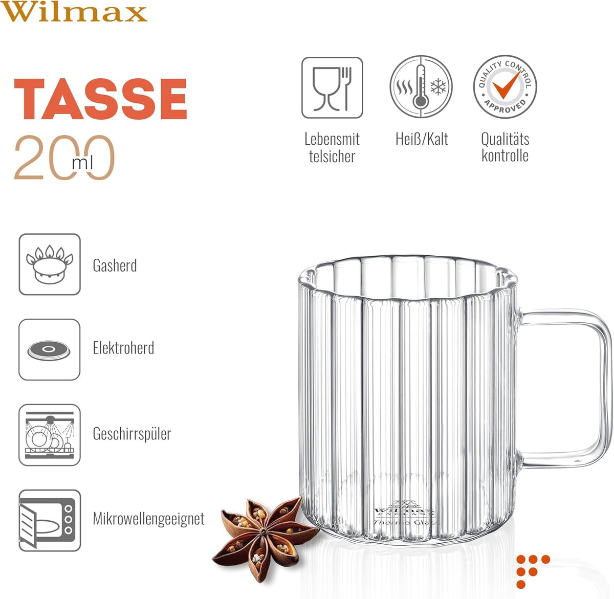 Wilmax Glasbeker 200 ml Borosilicaatglas Transparant
