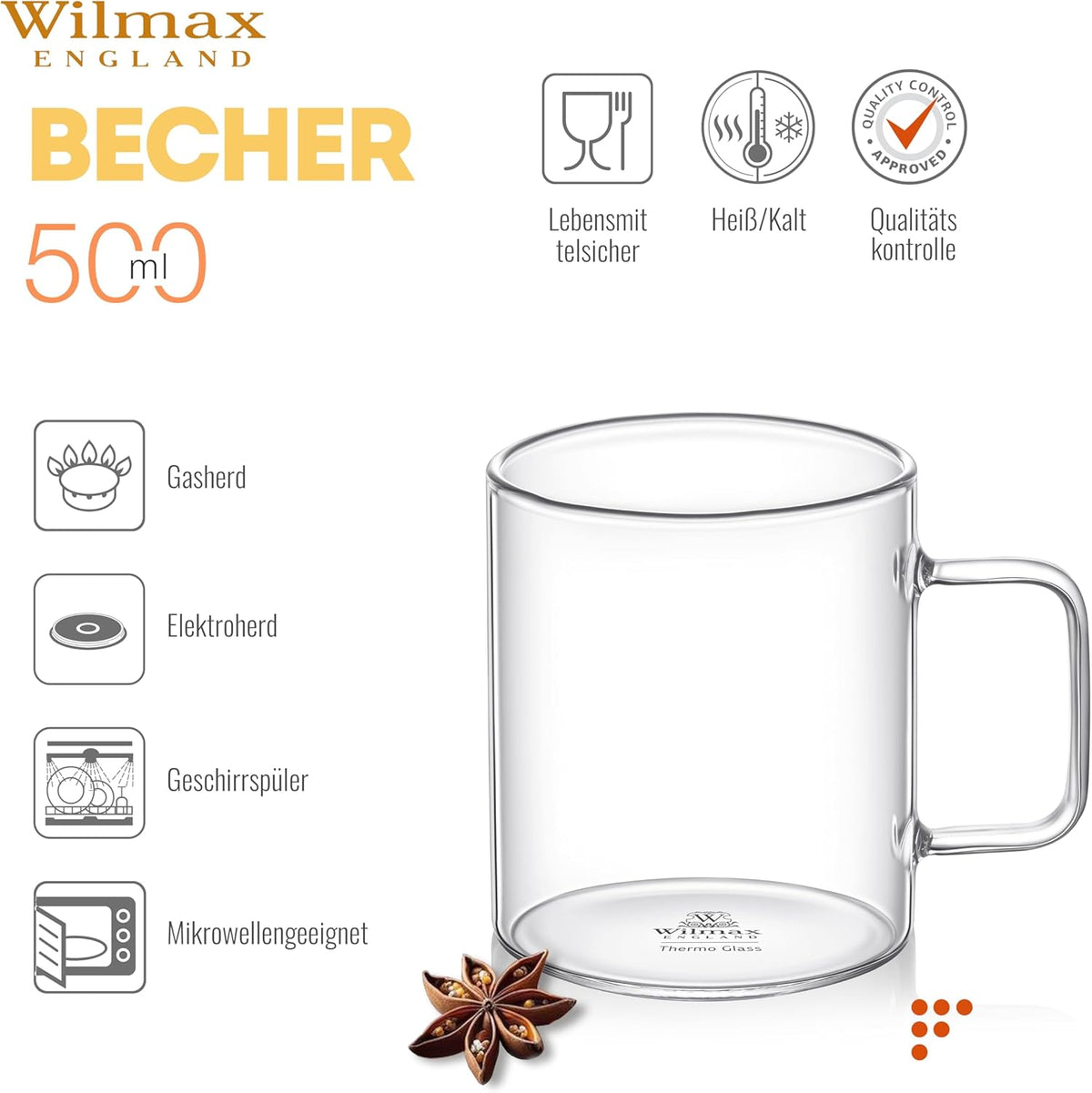 Wilmax Glasbeker 500ml Borosilicaatglas 6-delige set A6