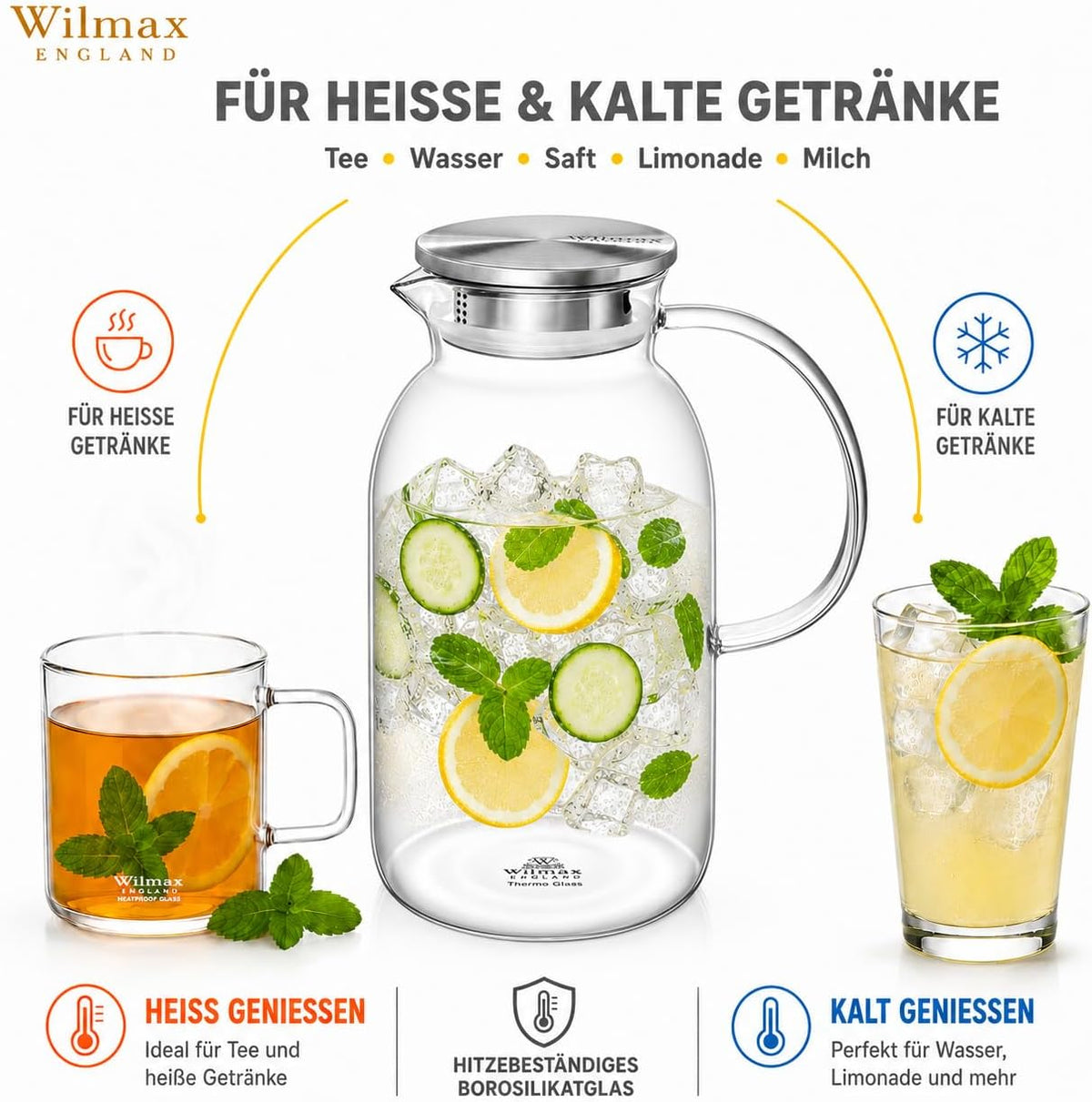 Wilmax Kanne 2100ml Thermoglas met RVS deksel Transparant