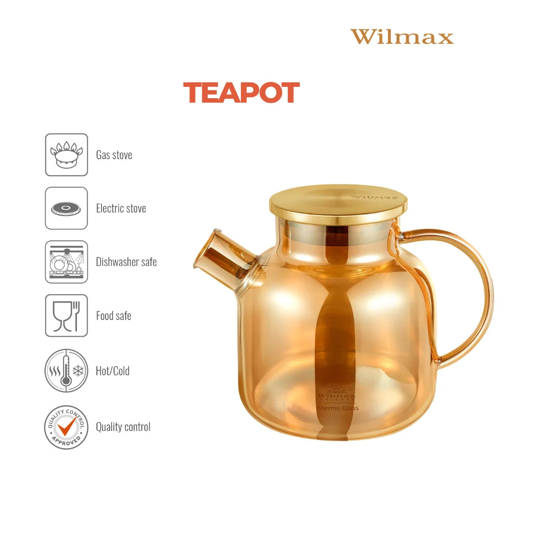 Wilmax England Theepot 1200 ml Glas met RVS deksel Goud