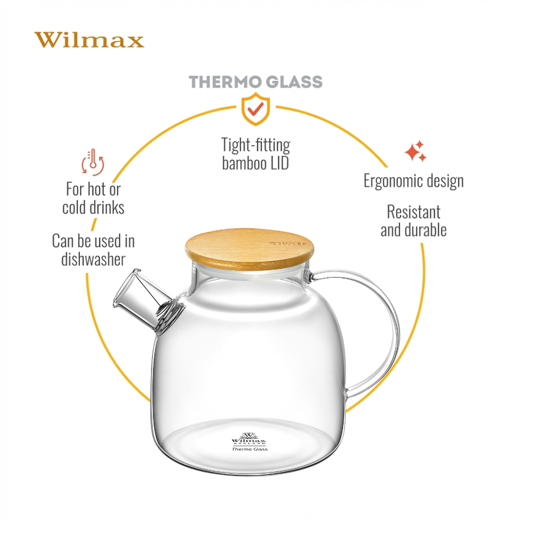 Wilmax England Theepot Glas 1200ml met Bamboe deksel
