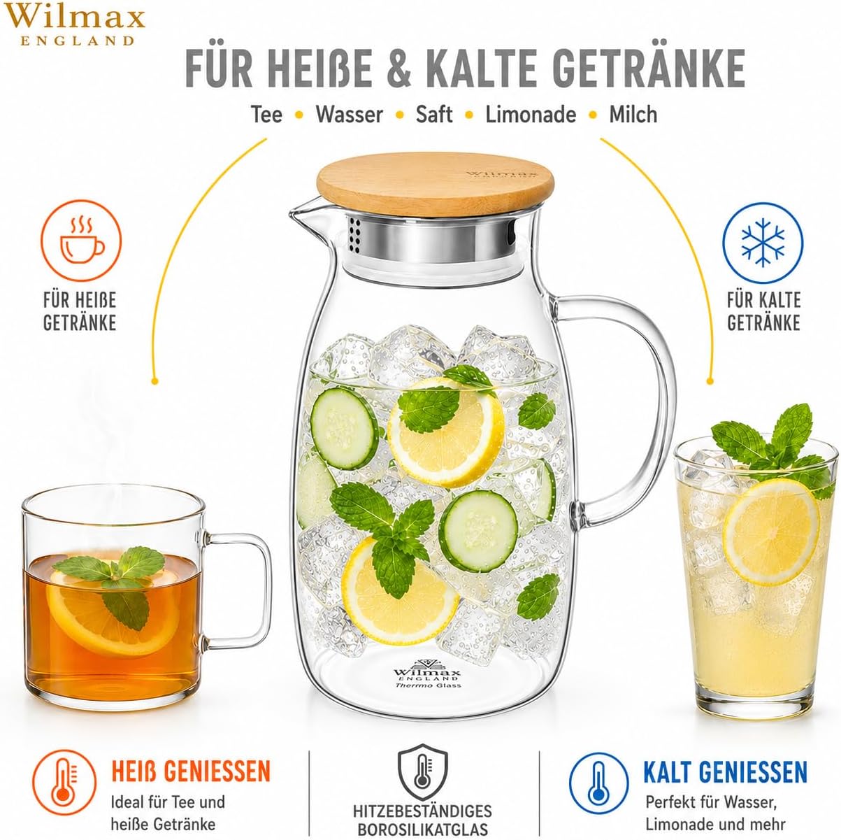 Wilmax Thermoglas Kan 1500 ml met bamboedeksel transparant