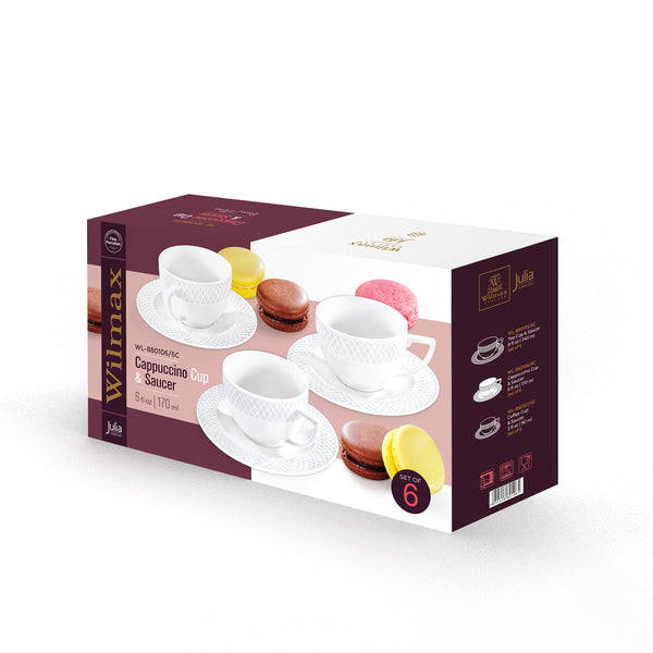Wilmax England Cup & Saucer White Porcelain 170ml - 6 pieces