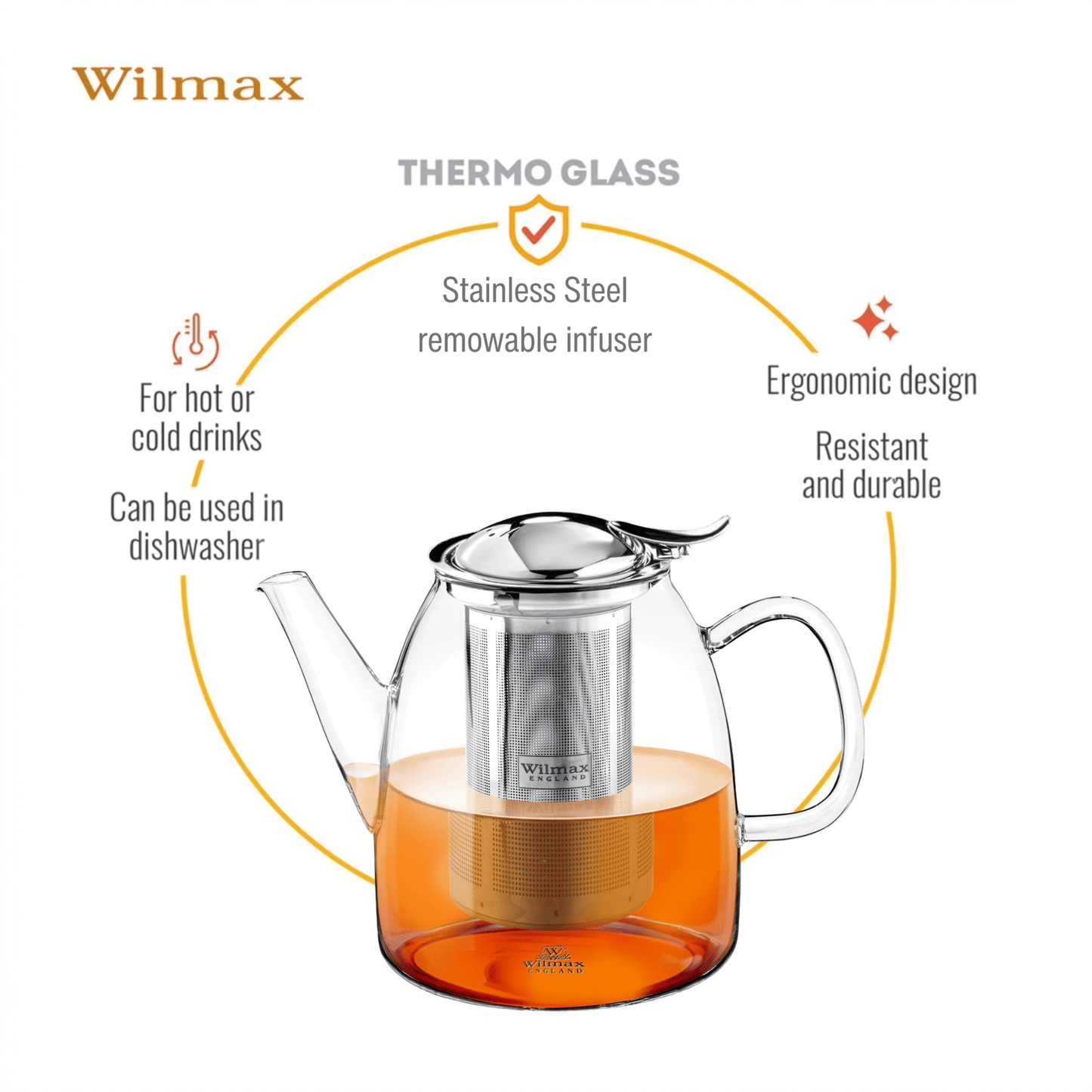 Wilmax England Theepot 600ml Borosilicaatglas RVS filter