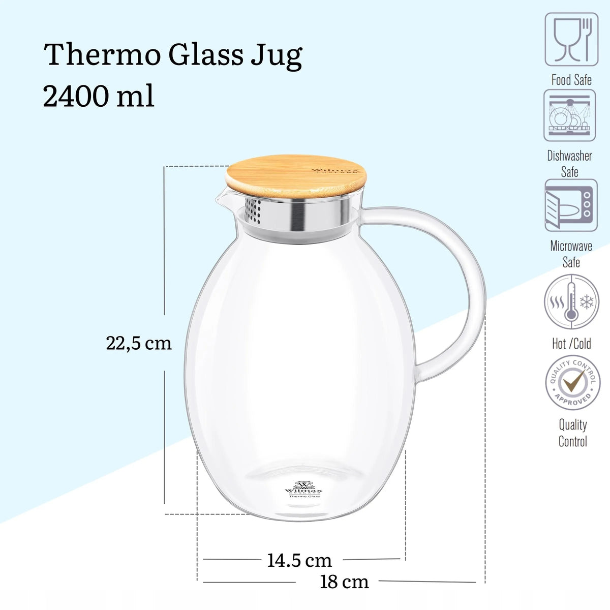 Wilmax Karaf 2400 ml Thermoglas met bamboedeksel Transparant