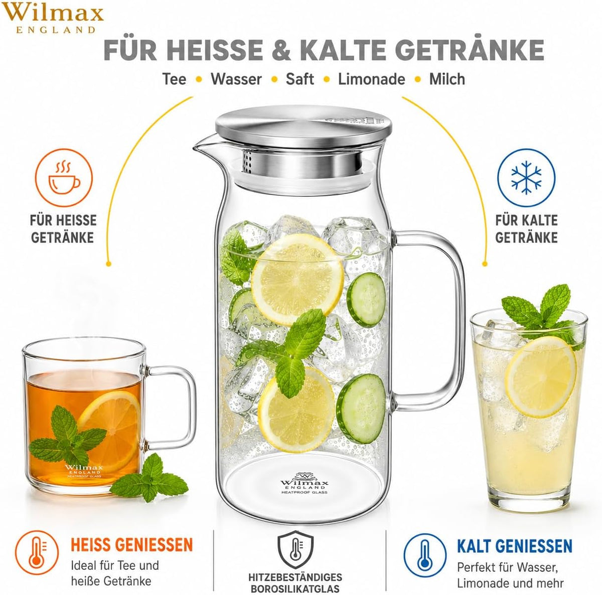 Wilmax Thermoglas Kruik 1000 ml RVS Deksel